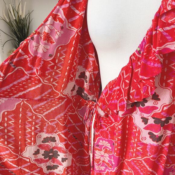 NWT Figue Mosaic Batik Ruffle Trim Arabella Wrap Dress Red Size S/M - Picture 6 of 8